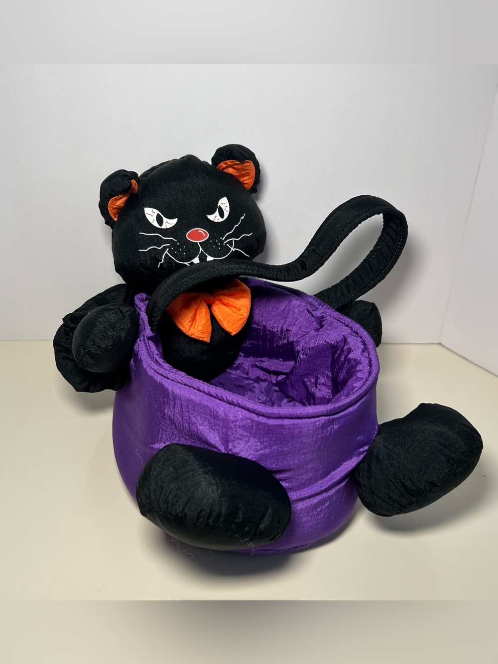Vintage Retro Black Cat Plush Halloween Treat Basket Cauldron Puffalump Granny